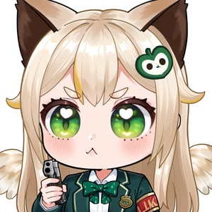 hand , holding , pistol , gun , angry , mad ,  attack , sexy , hentai ,  Emote , high quality, high res , highly detailed face, white background, chibi , 1girl , solo , cute face , kawaii , sexy , twitch , 1girl , loli , white blonde hair ,  heart , sexy , cat ears , dot eyebrow , green eyes  ,loli , feather wings , long hair , yellow mix hair streaks , multicolor hair , TobaRana , hair ornament , feathered wings , animal ears ,virtual youtuber , student , jacket , bow