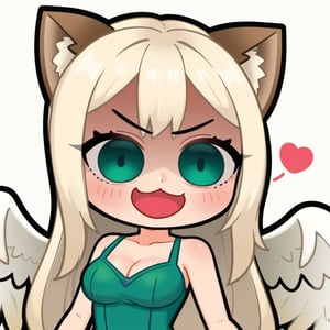 Yandere , shaded face , angry , hold , holding , laugh ,  evil , sexy , hentai ,  Emote , high quality, high res , highly detailed face, white background, chibi , 1girl , solo , cute face , kawaii , sexy , twitch , 1girl , loli , white blonde hair ,  heart , sexy , cat ears , dot eyebrow ,green blue eyes  ,loli , angel , white feather wings , sleeveless green dress , long hair , bangs , brown ear ,  yellow highlight mix hair streaks , blue green apple hairpin , TobaRana , cleavage