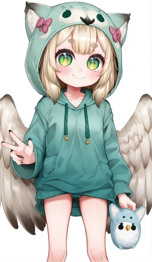 1girl , solo ,owl girl , loli , smile, standing , white background, vtuber , virtual youtuber, green Hooded ,thigh , Plush Indoor Slippers , white wings , blonde hair , green eyes , dot eyebrows , cute Slippers