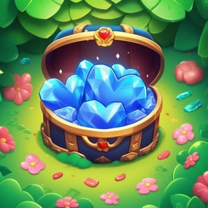  3d , item , octane render , mobile game , blue heart-shaped crystals,  cute , Candy Crush.  blue heart crystal,  treasure , forest ,  prices , gold , grass, red flowers