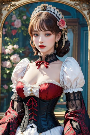 busty and sexy girl, 8k, masterpiece, ultra-realistic, best quality, high resolution, high definition, Lolita, maid, Victorian fashion, Rococo fashion, black corset with red ribbon lacing, White lace details on the sleeves, Puffed sleeves, headpiece adorned with flowers, ornate flower frame background, historical vibe, historical fashion with fantasy elements,lolita