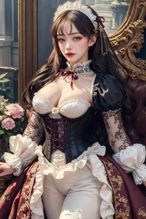 busty and sexy girl, 8k, masterpiece, ultra-realistic, best quality, high resolution, high definition, Lolita, maid, Victorian fashion, Rococo fashion, black corset with red ribbon lacing, White lace details on the sleeves, Puffed sleeves, headpiece adorned with flowers, ornate flower frame background, historical vibe, historical fashion with fantasy elements,lolita