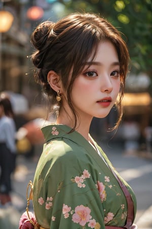 SPARKLE GLOWING, busty and sexy girl, 8k, masterpiece, ultra-realistic, best quality, high resolution, high definition,1girl, solo, looking at viewer, black hair, brown eyes, jewelry, upper body, earrings, parted lips, japanese clothes, teeth, kimono, hair bun, blurry, from side, lips, looking to the side, blurry background, floral print, single hair bun, print kimono, green kimono