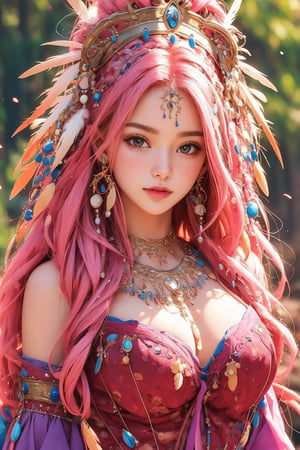 busty and sexy girl, Tribal girl, feather headdress 8k, masterpiece, ultra-realistic, best quality, high resolution, high definition, vibrant colors, featuring a youthful appearance and fantasy elements. The character should have large expressive eyes, pink hair adorned with flowers and ribbons, and wear a detailed costume with multiple layers, including ruffles, bows, and jewels. The outfit should incorporate bright shades of pink and purple with gold accents, ((TG))