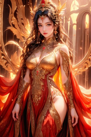 busty and sexy girl, 8k, masterpiece, ultra-realistic, best quality, high resolution, high definition, The image is a stylized representation of a woman, likely intended as an illustration rather than a photograph. The woman is depicted with an ethereal quality, her long hair flowing and her attire suggesting a historical or fantasy setting. The colors used in the image are rich and warm, with the golden tones of the frame complementing the sunset background. The artwork is framed, which suggests it could be a piece of fine art or a collectible item. The overall impression is one of elegance and a sense of a story waiting to be told.