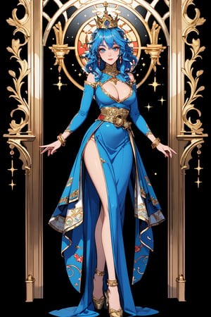 (mucha style), (SPARKLE GLOWING), busty and sexy girl, 8k, masterpiece, ultra-realistic, best quality, high resolution, high definition,An animated image of a woman with long blue hair and a crown on her head. She is wearing a blue dress with gold accents and a gold belt around her waist. The woman's dress is adorned with golden embroidery and gold accents. Her arms are draped over her shoulders and she is wearing golden bracelets on her wrists. Her eyes are blue and her hair is a vibrant shade of blue. The background is a deep black, with a golden archway in the middle of it,(stand),(full body)