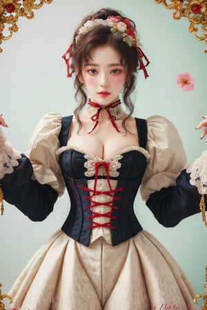 busty and sexy girl, 8k, masterpiece, ultra-realistic, best quality, high resolution, high definition, Lolita, maid, Victorian fashion, Rococo fashion, black corset with red ribbon lacing, White lace details on the sleeves, Puffed sleeves, headpiece adorned with flowers, ornate flower frame background, historical vibe, historical fashion with fantasy elements,lolita