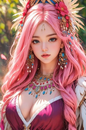 busty and sexy girl, Tribal girl, feather headdress 8k, masterpiece, ultra-realistic, best quality, high resolution, high definition, vibrant colors, featuring a youthful appearance and fantasy elements. The character should have large expressive eyes, pink hair adorned with flowers and ribbons, and wear a detailed costume with multiple layers, including ruffles, bows, and jewels. The outfit should incorporate bright shades of pink and purple with gold accents, ((TG))