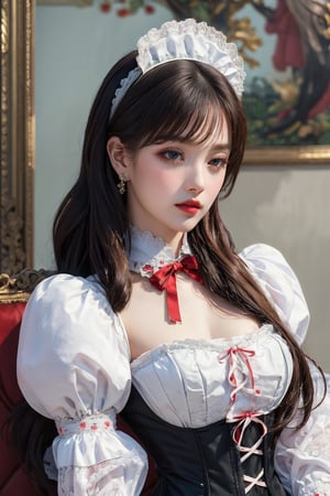 busty and sexy girl, 8k, masterpiece, ultra-realistic, best quality, high resolution, high definition, Lolita, maid, Victorian fashion, Rococo fashion, black corset with red ribbon lacing, White lace details on the sleeves, Puffed sleeves, headpiece adorned with flowers, ornate flower frame background, historical vibe, historical fashion with fantasy elements,lolita