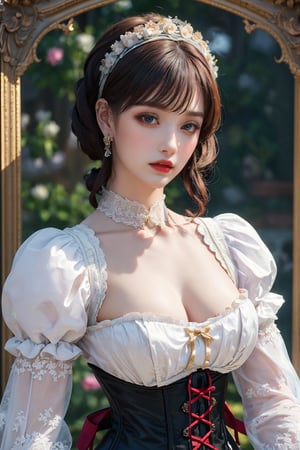 busty and sexy girl, 8k, masterpiece, ultra-realistic, best quality, high resolution, high definition, Lolita, maid, Victorian fashion, Rococo fashion, black corset with red ribbon lacing, White lace details on the sleeves, Puffed sleeves, headpiece adorned with flowers, ornate flower frame background, historical vibe, historical fashion with fantasy elements,lolita