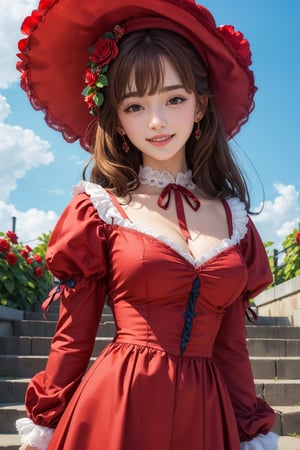 busty and sexy girl, 8k, masterpiece, ultra-realistic, best quality, high resolution, high definition, 1girl, solo, long hair, breasts, looking at viewer, smile, bangs, brown hair, hair ornament, long sleeves, hat, dress, ribbon, brown eyes, flower, outdoors, frills, parted lips, sky, day, puffy sleeves, cloud, hair flower, grin, blue sky, neck ribbon, rose, red dress, frilled dress, red flower, red headwear, blue flower, stairs, hat flower