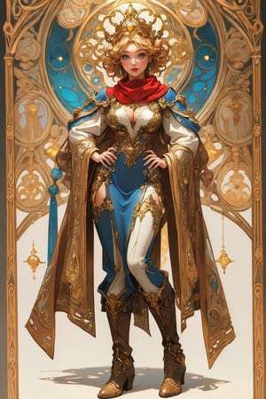 (mucha style), (SPARKLE GLOWING), busty and sexy girl, 8k, masterpiece, ultra-realistic, best quality, high resolution, high definition,An animated image of a blonde woman with blue eyes and a blue crown on her head. She is wearing a blue and white outfit with a red scarf around her neck. Her boots are white with gold designs on them. standing, full body