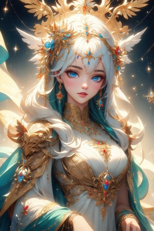busty and sexy girl, 8k, masterpiece, ultra-realistic, best quality, high resolution, high definition,  The image portrays a person with striking white hair adorned by a golden headpiece and intricate jewelry. The overall aesthetic suggests a blend of regal elegance and fantasy,OD