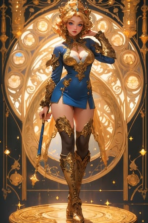 (mucha style), (SPARKLE GLOWING), busty and sexy girl, 8k, masterpiece, ultra-realistic, best quality, high resolution, high definition,An animated image of a blonde woman with blue eyes and a blue crown on her head. She is wearing a blue and white SHORT SKIRT with a red scarf around her neck. Her boots are white with gold designs on them. standing, full body