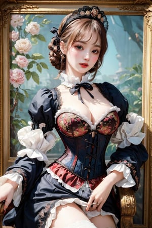 busty and sexy girl, 8k, masterpiece, ultra-realistic, best quality, high resolution, high definition, Lolita, maid, Victorian fashion, Rococo fashion, black corset with red ribbon lacing, White lace details on the sleeves, Puffed sleeves, headpiece adorned with flowers, ornate flower frame background, historical vibe, historical fashion with fantasy elements,lolita