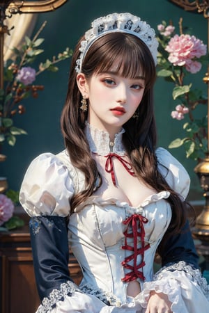 busty and sexy girl, 8k, masterpiece, ultra-realistic, best quality, high resolution, high definition, Lolita, maid, Victorian fashion, Rococo fashion, black corset with red ribbon lacing, White lace details on the sleeves, Puffed sleeves, headpiece adorned with flowers, ornate flower frame background, historical vibe, historical fashion with fantasy elements,lolita