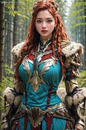 busty and sexy girl, 8k, masterpiece, ultra-realistic, best quality, high resolution, high definition, viking girl, primative clothing with mecha armor, forest