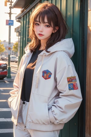  busty and sexy girl, 8k, masterpiece, ultra-realistic, best quality, high resolution, high definition, Korean k-pop beauty, 90s Y2K white baggy pants, Jackets White Jacket Basic Coats 2022 Summer Loose Large Size Female Windbreaker Harajuku Hooded Student BF Coat QT93, white cropped top with design, Japanese classic art Panasonic retro HEADSET, hands in her pockets, mid length layered cut with straight bangs honey brown hair, stylish makeup, fashion hairstyle, short hairstyles, glows in the golden light of the setting sun, sunset, dreamgirl,1girl,solo,flash, very detailed, Lomography, faded film, Highly detailed, photo realistic, high contrast, cinematic lighting, exquisite detail, hyper detailed, ultra realistic, colored 66mm film analog photography, Angelical Heavenly