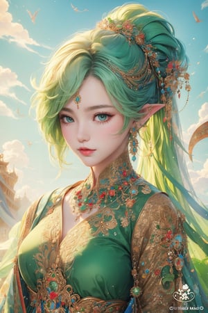 busty and sexy girl, 8k, masterpiece, ultra-realistic, best quality, high resolution, high definition, Nahida, chibi, white hair, side_ponytail, white thick eyebrows, (green eyes:1.5), beautiful detail eyes, best quality, 2d, cute,  sky background, best quality, masterpiece, majestic, multicolored_hair, pointy-ears,nahida, one_eye_closed