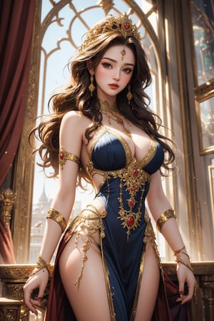 busty and sexy girl, 8k, masterpiece, ultra-realistic, best quality, high resolution, high definition, The image is a stylized representation of a woman, likely intended as an illustration rather than a photograph. The woman is depicted with an ethereal quality, her long hair flowing and her attire suggesting a historical or fantasy setting. The colors used in the image are rich and warm, with the golden tones of the frame complementing the sunset background. The artwork is framed, which suggests it could be a piece of fine art or a collectible item. The overall impression is one of elegance and a sense of a story waiting to be told.