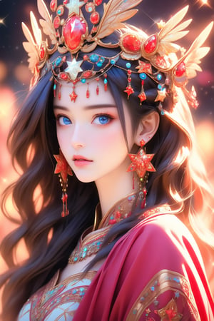 busty and sexy girl, 8k, masterpiece, ultra-realistic, best quality, high resolution, high definition, 1girl, solo, long hair, looking at viewer, blue eyes, brown hair, dress, jewelry, earrings, parted lips, star \(symbol\), lips, sparkle