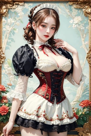 busty and sexy girl, 8k, masterpiece, ultra-realistic, best quality, high resolution, high definition, Lolita, maid, Victorian fashion, Rococo fashion, black corset with red ribbon lacing, White lace details on the sleeves, Puffed sleeves, headpiece adorned with flowers, ornate flower frame background, historical vibe, historical fashion with fantasy elements,lolita