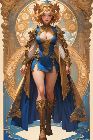 (mucha style), (SPARKLE GLOWING), busty and sexy girl, 8k, masterpiece, ultra-realistic, best quality, high resolution, high definition,An animated image of a blonde woman with blue eyes and a blue crown on her head. She is wearing a blue and white SHORT SKIRT with a red scarf around her neck. Her boots are white with gold designs on them. standing, full body