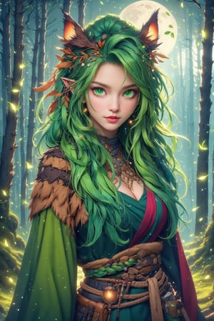 busty and sexy girl, 8k, masterpiece, ultra-realistic, best quality, high resolution, high definition, the character should be a mischievous forest spirit, ((glowing green eyes)), leaves woven into their hair. The background should be a moonlit forest clearing, with fireflies dancing in the air. The overall mood should be mysterious and enchanting, inviting viewers to explore the hidden magic of the woods.