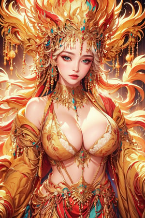 busty and sexy girl, 8k, masterpiece, ultra-realistic, best quality, high resolution, high definition,  The image portrays a person with striking white hair adorned by a golden headpiece and intricate jewelry. The overall aesthetic suggests a blend of regal elegance and fantasy