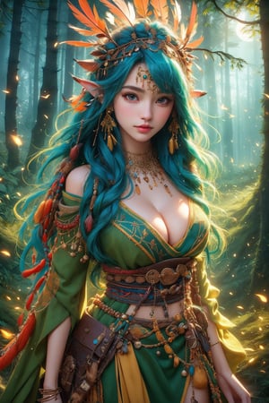 busty and sexy girl, Tribal girl, feather headdress 8k, masterpiece, ultra-realistic, best quality, high resolution, high definition,  the character should be a mischievous forest spirit, LOW-CUT SEXY DRESS, leaves woven into their hair. The background should be a moonlit forest clearing, with fireflies dancing in the air. The overall mood should be mysterious and enchanting, inviting viewers to explore the hidden magic of the woods, TRIBAL GIRL, FEATHER HEADDRESS