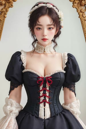 busty and sexy girl, 8k, masterpiece, ultra-realistic, best quality, high resolution, high definition, Lolita, maid, Victorian fashion, Rococo fashion, black corset with red ribbon lacing, White lace details on the sleeves, Puffed sleeves, headpiece adorned with flowers, ornate flower frame background, historical vibe, historical fashion with fantasy elements,lolita