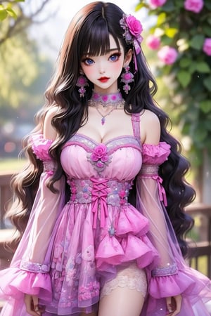 busty and sexy girl, 8k, masterpiece, ultra-realistic, best quality, high resolution, high definition, 1girl, solo, long hair, breasts, looking at viewer, bangs, blue eyes, large breasts, brown hair, hair ornament, long sleeves, dress, ribbon, cleavage, bare shoulders, jewelry, closed mouth, standing, collarbone, flower, cowboy shot, earrings, outdoors, frills, detached sleeves, choker, day, puffy sleeves, hair flower, necklace, white dress, blurry, lips, see-through, makeup, depth of field, blurry background, rose, leaf, wavy hair, short dress, frilled dress, plant, lipstick, pink bow, pink dress, pink flower, pink ribbon, arms at sides, red lips, pink rose, see-through sleeves, flower earrings