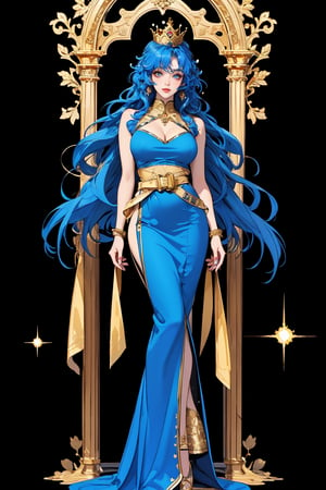 (mucha style), (SPARKLE GLOWING), busty and sexy girl, 8k, masterpiece, ultra-realistic, best quality, high resolution, high definition,An animated image of a woman with long blue hair and a crown on her head. She is wearing a blue dress with gold accents and a gold belt around her waist. The woman's dress is adorned with golden embroidery and gold accents. Her arms are draped over her shoulders and she is wearing golden bracelets on her wrists. Her eyes are blue and her hair is a vibrant shade of blue. The background is a deep black, with a golden archway in the middle of it,(stand),(full body)