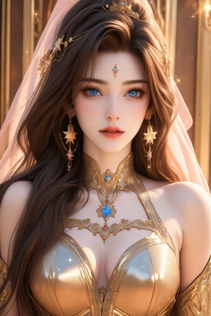 busty and sexy girl, 8k, masterpiece, ultra-realistic, best quality, high resolution, high definition, 1girl, solo, long hair, looking at viewer, blue eyes, brown hair, dress, jewelry, earrings, parted lips, star \(symbol\), lips, sparkle