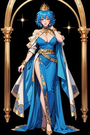 (mucha style), (SPARKLE GLOWING), busty and sexy girl, 8k, masterpiece, ultra-realistic, best quality, high resolution, high definition,An animated image of a woman with long blue hair and a crown on her head. She is wearing a blue dress with gold accents and a gold belt around her waist. The woman's dress is adorned with golden embroidery and gold accents. Her arms are draped over her shoulders and she is wearing golden bracelets on her wrists. Her eyes are blue and her hair is a vibrant shade of blue. The background is a deep black, with a golden archway in the middle of it,(stand),(full body)