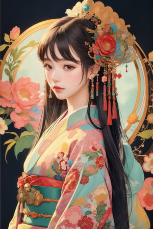 1girl, solo, long hair, looking at viewer, bangs, black hair, hair ornament, closed mouth, upper body, japanese clothes, hair flower, kimono, flower background, black eyes, lips, sash, realistic, 