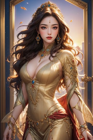 busty and sexy girl, 8k, masterpiece, ultra-realistic, best quality, high resolution, high definition, The image is a stylized representation of a woman, likely intended as an illustration rather than a photograph. The woman is depicted with an ethereal quality, her long hair flowing and her attire suggesting a historical or fantasy setting. The colors used in the image are rich and warm, with the golden tones of the frame complementing the sunset background. The artwork is framed, which suggests it could be a piece of fine art or a collectible item. The overall impression is one of elegance and a sense of a story waiting to be told.