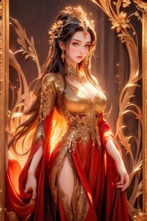 busty and sexy girl, 8k, masterpiece, ultra-realistic, best quality, high resolution, high definition, The image is a stylized representation of a woman, likely intended as an illustration rather than a photograph. The woman is depicted with an ethereal quality, her long hair flowing and her attire suggesting a historical or fantasy setting. The colors used in the image are rich and warm, with the golden tones of the frame complementing the sunset background. The artwork is framed, which suggests it could be a piece of fine art or a collectible item. The overall impression is one of elegance and a sense of a story waiting to be told.