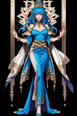 (mucha style), (SPARKLE GLOWING), busty and sexy girl, 8k, masterpiece, ultra-realistic, best quality, high resolution, high definition,An animated image of a woman with long blue hair and a crown on her head. She is wearing a blue dress with gold accents and a gold belt around her waist. The woman's dress is adorned with golden embroidery and gold accents. Her arms are draped over her shoulders and she is wearing golden bracelets on her wrists. Her eyes are blue and her hair is a vibrant shade of blue. The background is a deep black, with a golden archway in the middle of it,(stand),(full body)