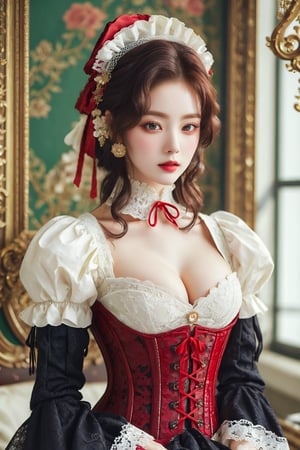 busty and sexy girl, 8k, masterpiece, ultra-realistic, best quality, high resolution, high definition, Lolita, maid, Victorian fashion, Rococo fashion, black corset with red ribbon lacing, White lace details on the sleeves, Puffed sleeves, headpiece adorned with flowers, ornate flower frame background, historical vibe, historical fashion with fantasy elements,lolita