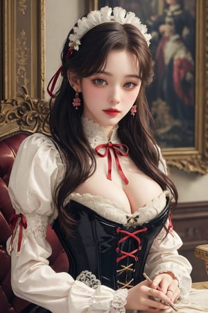 busty and sexy girl, 8k, masterpiece, ultra-realistic, best quality, high resolution, high definition, Lolita, maid, Victorian fashion, Rococo fashion, black corset with red ribbon lacing, White lace details on the sleeves, Puffed sleeves, headpiece adorned with flowers, ornate flower frame background, historical vibe, historical fashion with fantasy elements,lolita