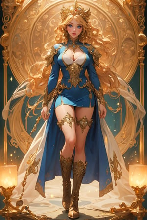 (mucha style), (SPARKLE GLOWING), busty and sexy girl, 8k, masterpiece, ultra-realistic, best quality, high resolution, high definition,An animated image of a blonde woman with blue eyes and a blue crown on her head. She is wearing a blue and white SHORT SKIRT with a red scarf around her neck. Her boots are white with gold designs on them. standing, full body