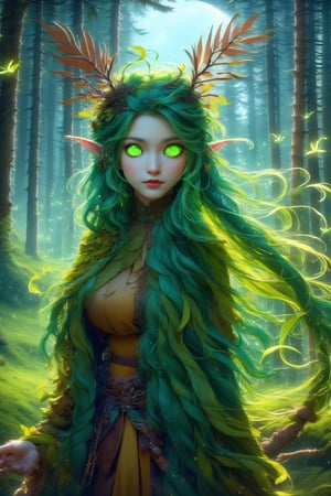 busty and sexy girl, 8k, masterpiece, ultra-realistic, best quality, high resolution, high definition, the character should be a mischievous forest spirit, ((glowing green eyes)), leaves woven into their hair. The background should be a moonlit forest clearing, with fireflies dancing in the air. The overall mood should be mysterious and enchanting, inviting viewers to explore the hidden magic of the woods.,FS