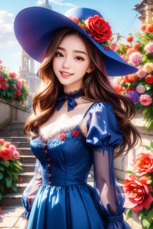 busty and sexy girl, 8k, masterpiece, ultra-realistic, best quality, high resolution, high definition, 1girl, solo, long hair, breasts, looking at viewer, smile, bangs, brown hair, hair ornament, long sleeves, hat, dress, ribbon, brown eyes, flower, outdoors, frills, parted lips, sky, day, puffy sleeves, cloud, hair flower, grin, blue sky, neck ribbon, rose, red dress, frilled dress, red flower, red headwear, blue flower, stairs, hat flower