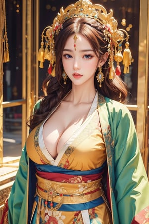 busty and sexy girl, 8k, masterpiece, ultra-realistic, best quality, high resolution, high definition, 1girl, solo, long hair, breasts, looking at viewer, large breasts, hair ornament, long sleeves, cleavage, jewelry, closed mouth, collarbone, upper body, cowboy shot, earrings, pointy ears, lips, sash, chinese clothes, hanfu