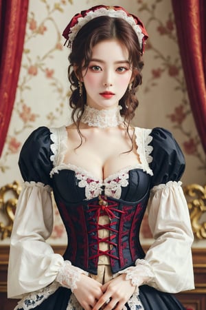 busty and sexy girl, 8k, masterpiece, ultra-realistic, best quality, high resolution, high definition, Lolita, maid, Victorian fashion, Rococo fashion, black corset with red ribbon lacing, White lace details on the sleeves, Puffed sleeves, headpiece adorned with flowers, ornate flower frame background, historical vibe, historical fashion with fantasy elements,lolita