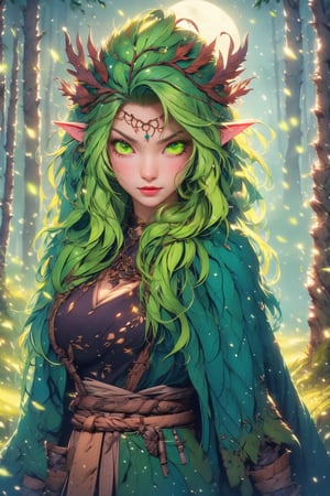 busty and sexy girl, 8k, masterpiece, ultra-realistic, best quality, high resolution, high definition, the character should be a mischievous forest spirit, ((glowing green eyes)), leaves woven into their hair. The background should be a moonlit forest clearing, with fireflies dancing in the air. The overall mood should be mysterious and enchanting, inviting viewers to explore the hidden magic of the woods