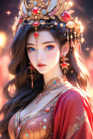 busty and sexy girl, 8k, masterpiece, ultra-realistic, best quality, high resolution, high definition, 1girl, solo, long hair, looking at viewer, blue eyes, brown hair, dress, jewelry, earrings, parted lips, star \(symbol\), lips, sparkle