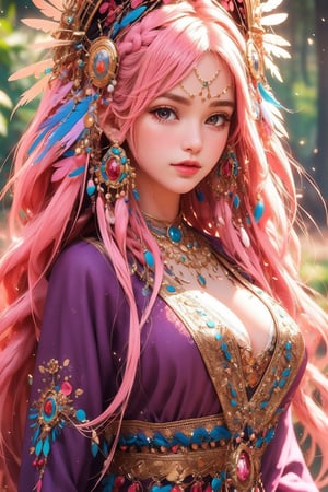 busty and sexy girl, Tribal girl, feather headdress 8k, masterpiece, ultra-realistic, best quality, high resolution, high definition, vibrant colors, featuring a youthful appearance and fantasy elements. The character should have large expressive eyes, pink hair adorned with flowers and ribbons, and wear a detailed costume with multiple layers, including ruffles, bows, and jewels. The outfit should incorporate bright shades of pink and purple with gold accents, ((TG))