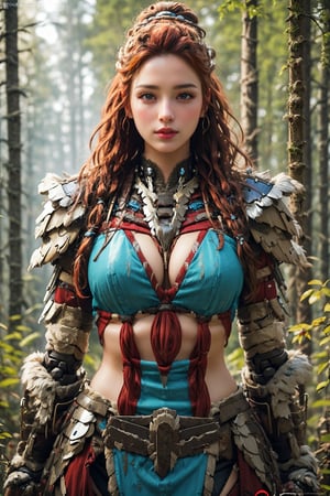 busty and sexy girl, 8k, masterpiece, ultra-realistic, best quality, high resolution, high definition, viking girl, primative clothing with mecha armor, forest